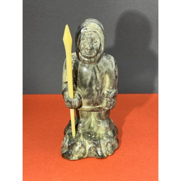 Inuit Soapstone Hand Carved Figure Sculpture Man with Spear Signed by Sculptor